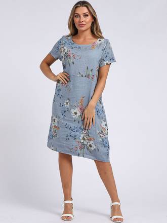 Fleur Classic Linen Dress Denim Blue